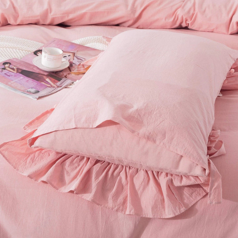 Vintage Boho Pom-Fringe Ruffled Cotton Duvet Cover Set-Pink