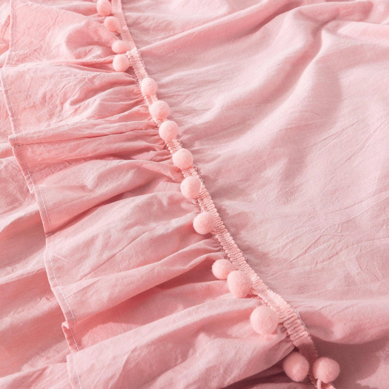 Vintage Boho Pom-Fringe Ruffled Cotton Duvet Cover Set-Pink