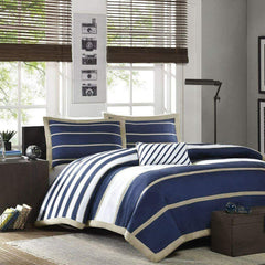 SPORTY BLUE with WHITE TAN STRIPE Hotel Style Cotton Satin Duvet Cover Set