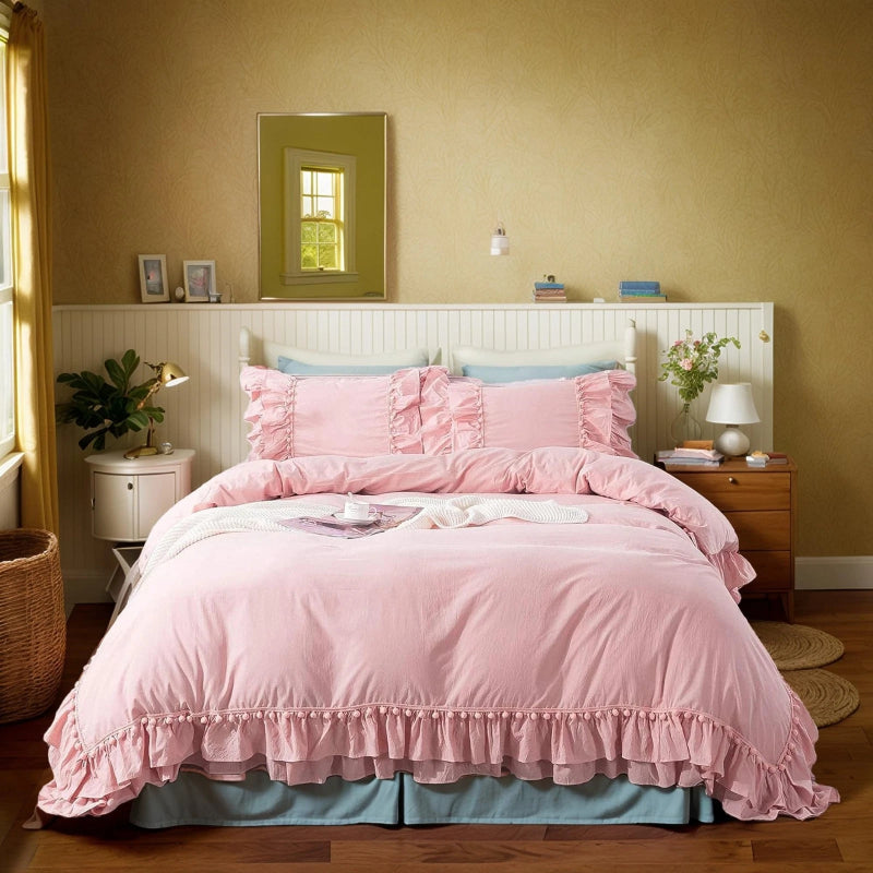 Vintage Boho Pom-Fringe Ruffled Cotton Duvet Cover Set-Pink