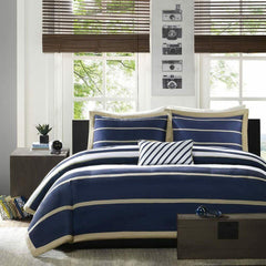 SPORTY BLUE with WHITE TAN STRIPE Hotel Style Cotton Satin Duvet Cover Set