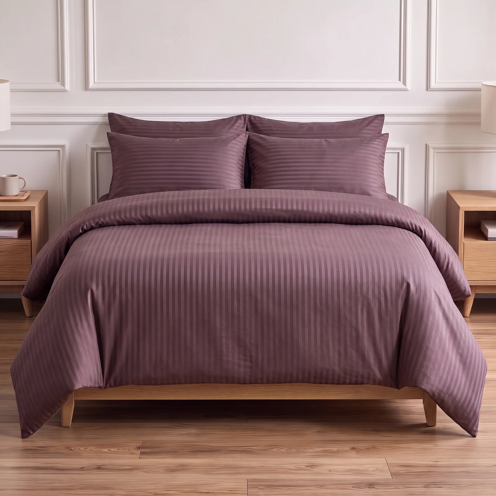 Satin Elegance Stripe Duvet Cover Set - Brown Cocoa