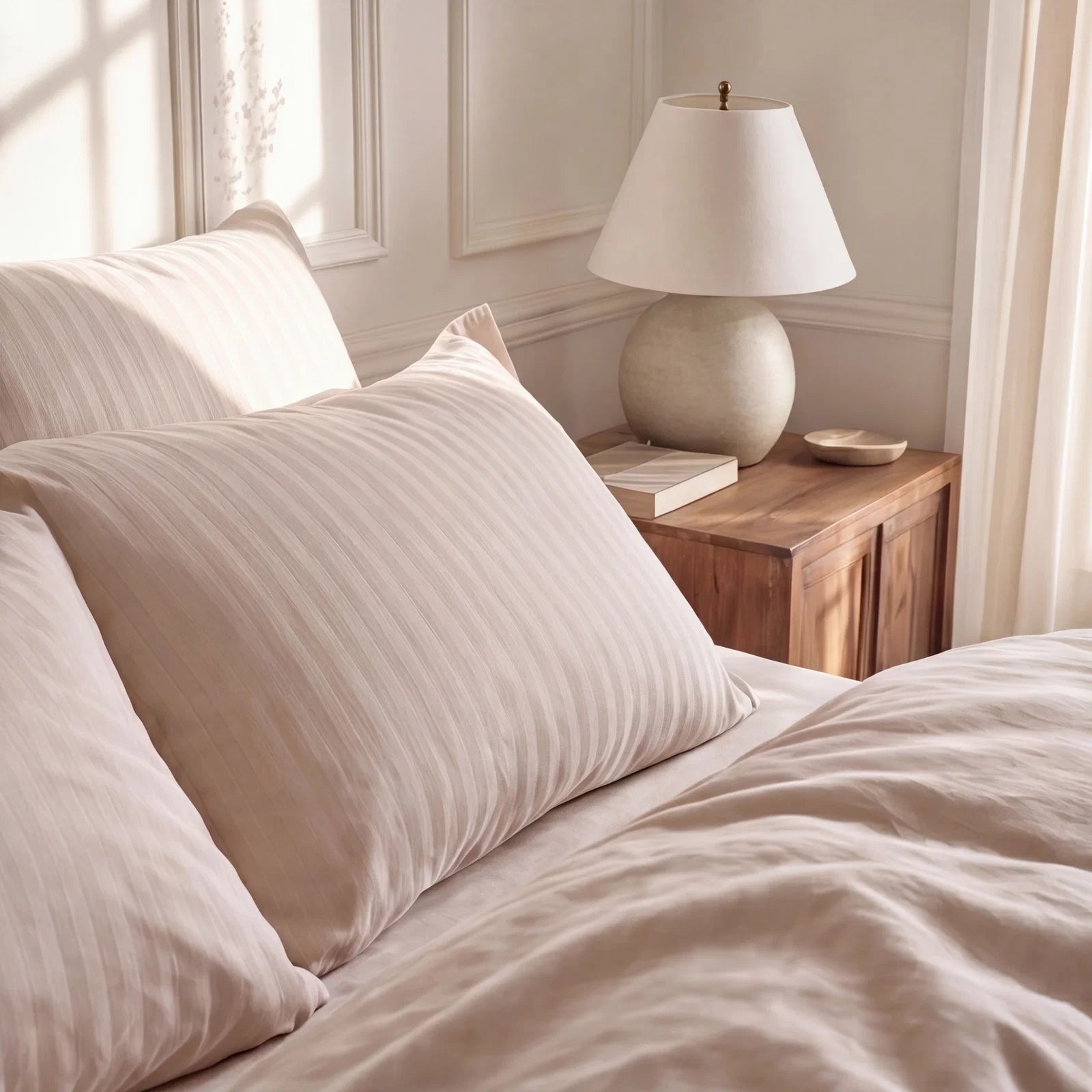 Satin Elegance Stripe Duvet Cover Set - Warm Beige