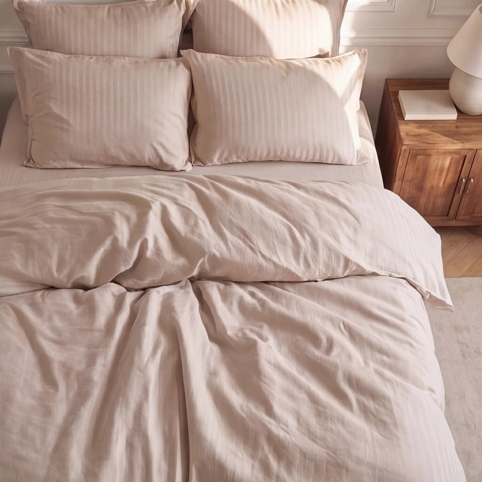 Satin Elegance Stripe Duvet Cover Set - Warm Beige