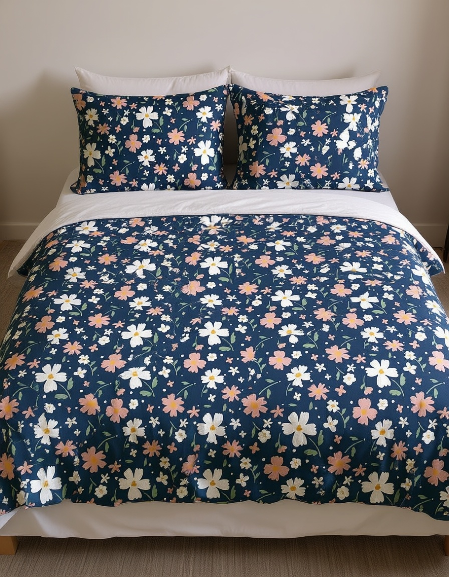 Floral Printed Double Bed Sheet - Navy Floral