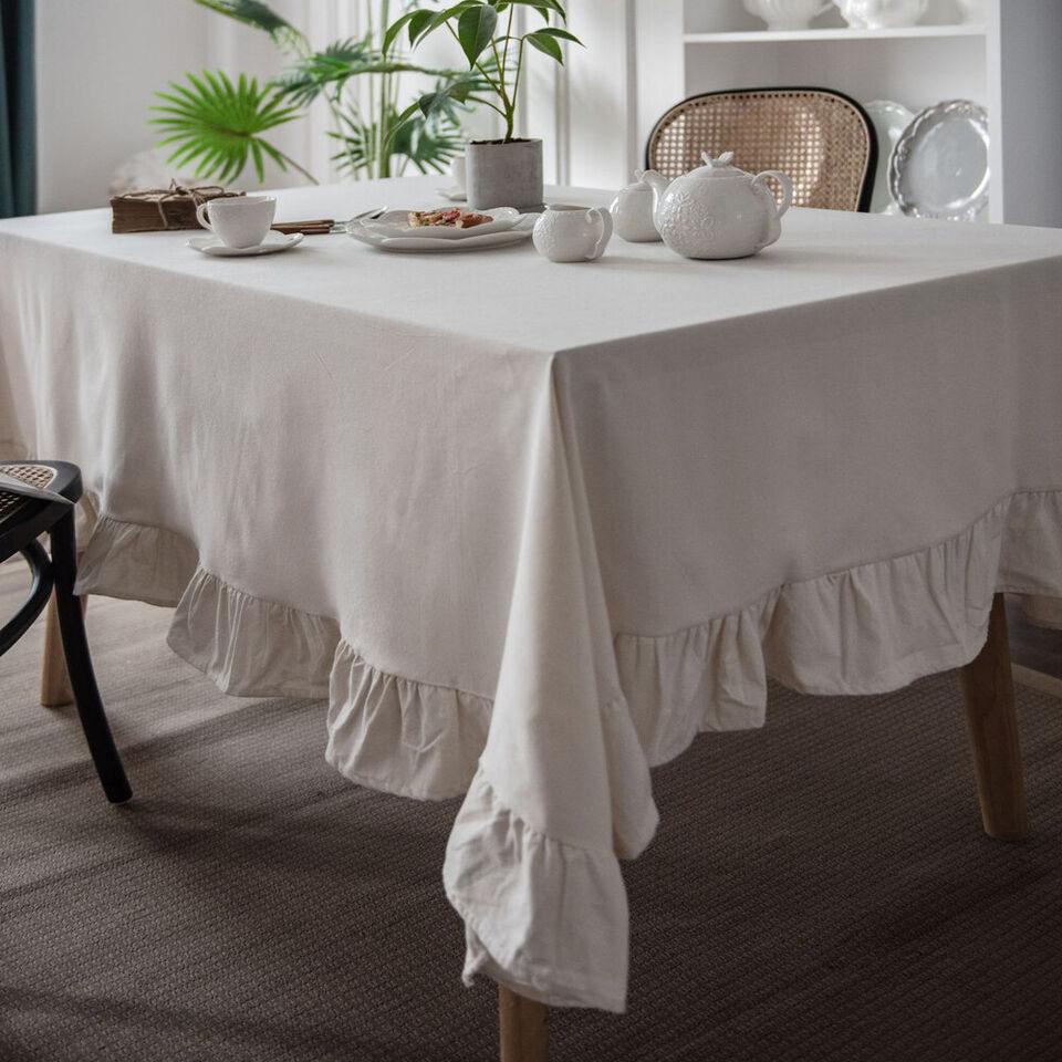 Flounce Stitching Cotton Table Covers-Dove White